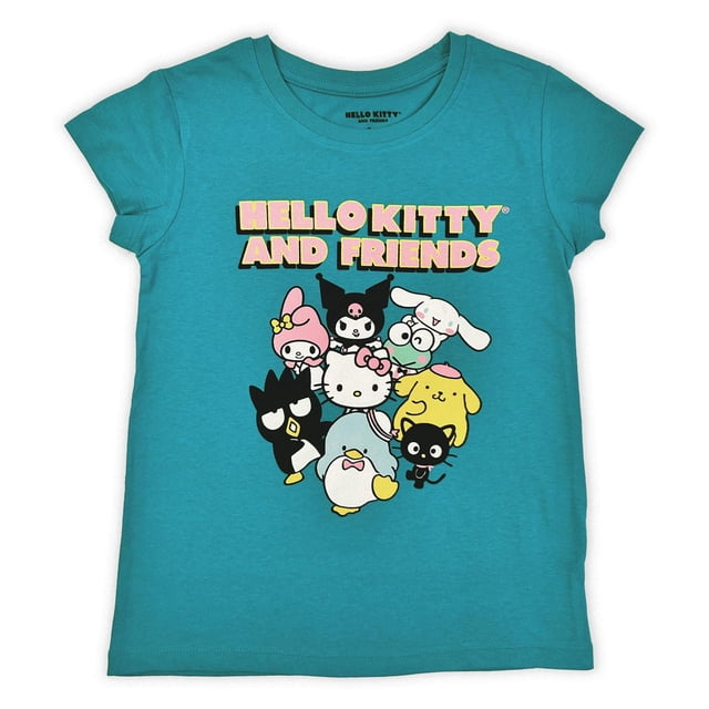 Hello Kitty T-shirt à Manches Courtes pour Fille Hello Kitty en capri breeze avec Col Rond et Graphique avant et de Ses Amis, Incluant My Melody, Kuromi, Cinnamoroll, Badtz-Maru, Pompompurin, Smoking et Chococat, Fabriqué à Partir d'Un Doux Mélange de 60 % Coton et 40 % polyester, Lavable à la machine et Conçu au Canada, Convient aux Tenues Décontractées.