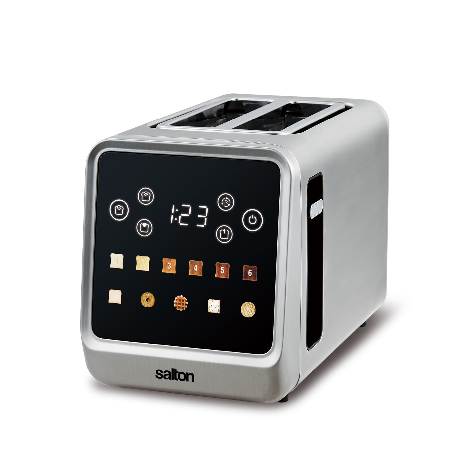 Grille-pain à écran tactile en acier inoxydable Salton – 2 tranches | Commandes numériques avec minuterie | 6 réglages de brunissage | Modes pain, bagel, muffin, gaufre et pâtisserie | Fonction mémoire (ET2176)