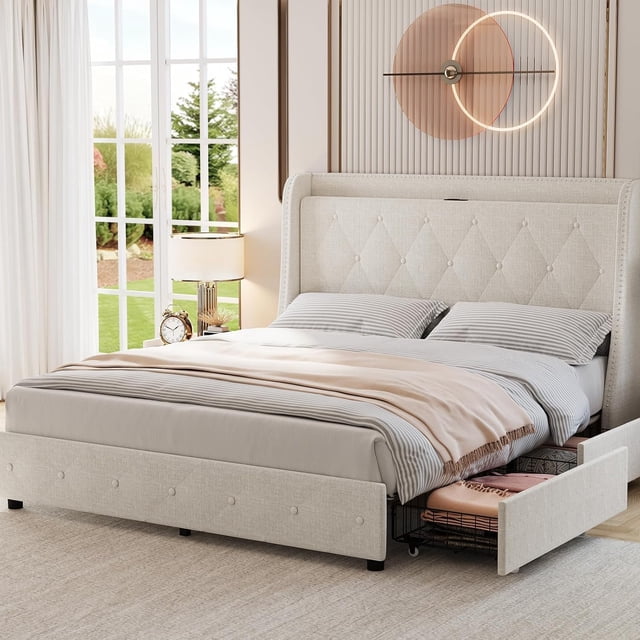 Ourlova Full Upholstered Bed Frame with Headboard and 4 Storage Drawers, Charging Station, Noise-Free, No Box Spring Needed, Easy Assembly Full Size