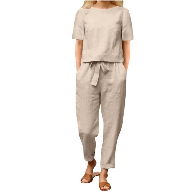 Mikilon Ensemble Élégant pour Femmes 2 Pcs Mode Col Rond Manches Courtes Haut Pantalon Long Ensemble Décontracté Mode Col Rond Manches Courtes Hauts Pantalons Ensemble Décontracté Kaki TP