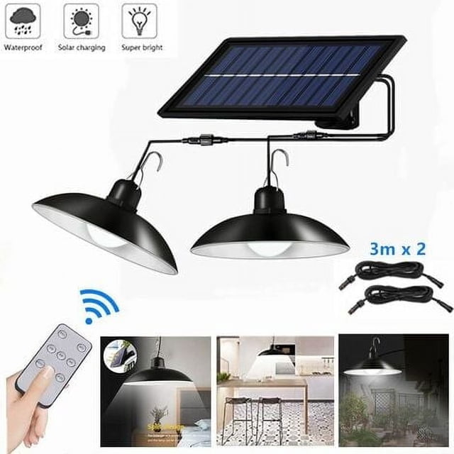 2-Head Waterproof Solar Chandelier Lights with 3m Cable & White Light featuring two black retro-style lamp heads connected to a solar panel via a 3-meter cable. Includes a remote control for convenient operation and polycrystalline silicon solar panel for efficient charging. This solar-powered chandelier is suitable for outdoor or indoor use, providing soft white light with high color rendering.