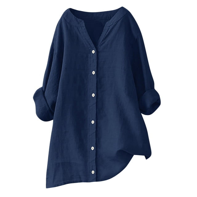 Penkiiy Womens Pullover Sweatshirt Plus Size,3/4 Sleeve Shirts V Neck Collared Button Down Shirt Tops with Pockets L Navy
