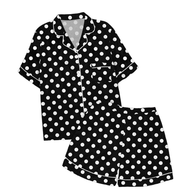 MIASHUI Ensemble de Pyjama 2 Pcs pour Garçons et Filles à Pois Boutonné, Noir, 10-11 Ans