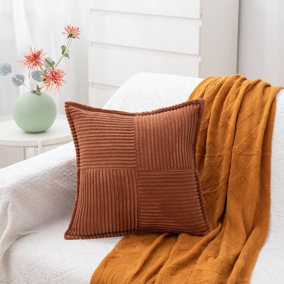 Feltree 18x18 Inch Bohemian Throw Pillow Cover, Soft Corduroy Rectangular Decorative Cushion Case for Sofa Cottage Decor, Khaki Brown Green Army Green