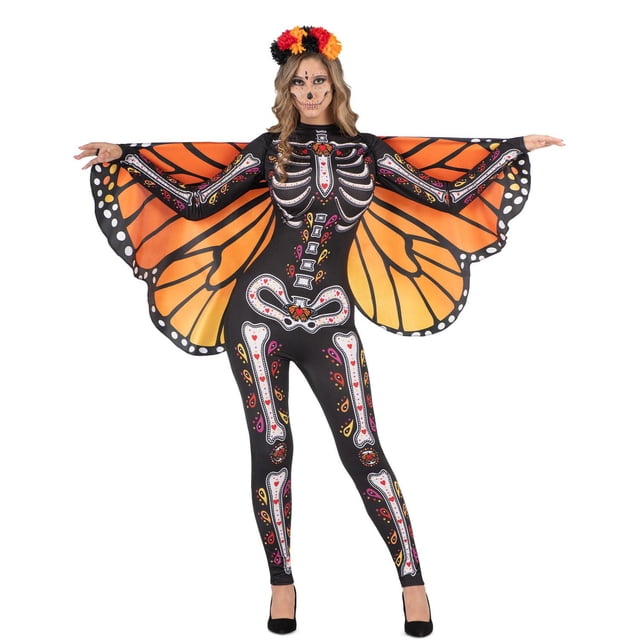 Déguisement Catrina Premium pour Adulte avec Papillon, Combinaison Noire avec Os de Squelette Coloré et Imprimés Floraux, Ailes de Papillon orange et Noires S'Étirant des Bras, et une Coiffe Florale en Rouge, orange et Noir, Convenant à l'Halloween et aux Fêtes à Thème.