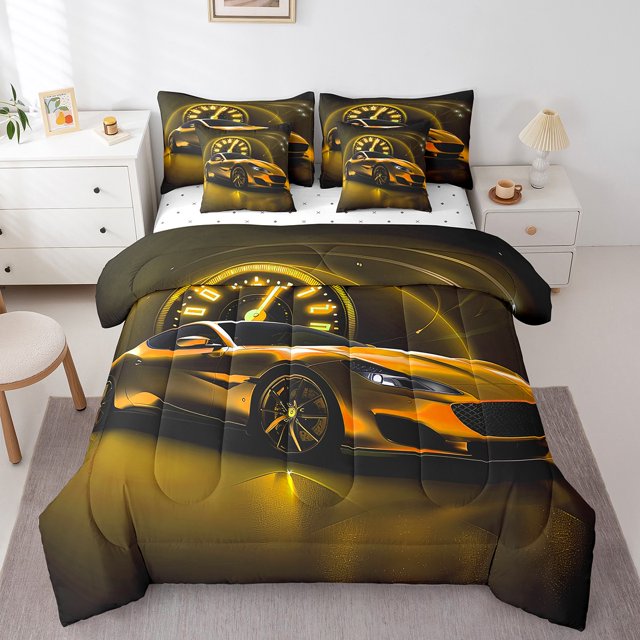 Yellow Sports Car 7 Piece Comforter Set Full Bed in a Bag,Racing Car Extreme Sport Bedding Sets Speed Automobile Vehicles Speedometer Sheet Set with Comforter