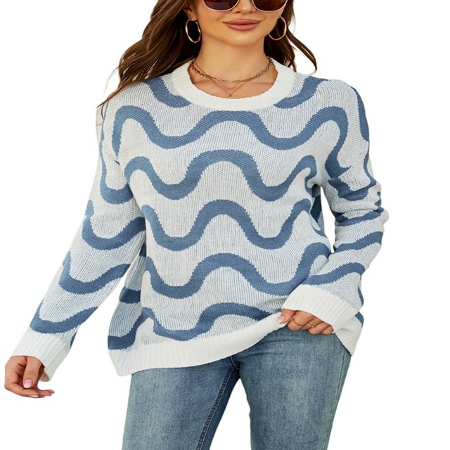 Pullovers Jacquard Contrasté pour Femmes en Tricot Ample