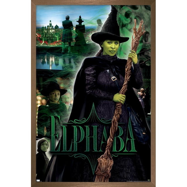 Wicked - Affiche Murale d'Elphaba, 22,375 Po x 34 Po, Représentant Elphaba en Tenue Noire Texturée et Chapeau de Sorcière Pointu Tenant un Balai en Bois Torsadé avec une Fumée Verte Tourbillonnante. l'Arrière-plan Présente des Figurines Ombrées et un Paysage Urbain Émeraude Lumineux, avec « Elphaba » en Grandes Lettres Vertes au Bas. l'Affiche Est Encadrée en Bois, Convient pour Décorer des Chambres, des Bureaux Ou des