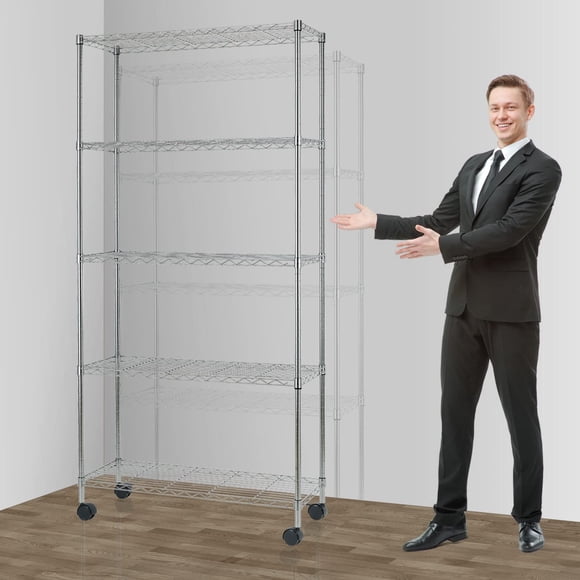 5 Tier Wire Shelving Unit Storage Metal Shelf Standing Shelf Units NSF Heavy Duty Height Adjustable Garage Shelving 14" W x 30" L x 60" H with Wheels Large Commercial Shelving, Silver