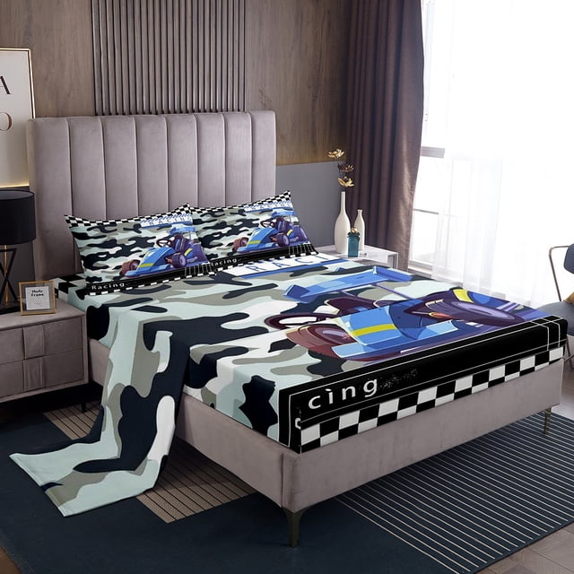 Go Kart Bed Sheets Set Karting Race Cars Sheets,Blue Camouflage Sheet Set Twin,Racing Extreme Sport Bedding Set Abstract Camo Room Decor