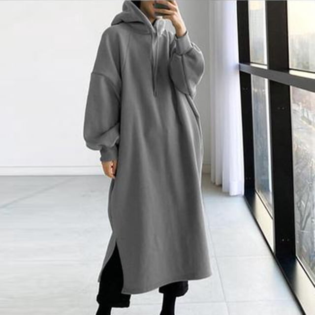 Mikilon Femmes Automne Col Rond Uni Ample à Capuche Confortable à Manches Longues Robe