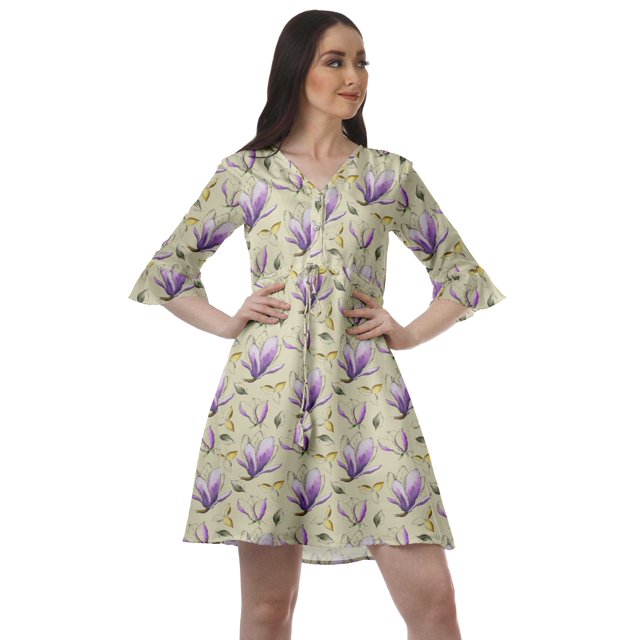 Moomaya Robe Courte à Cordon Imprimée en Poly-Crêpe Grande Taille Robes Chemise pour Femmes