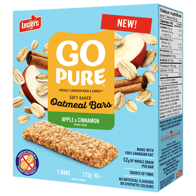 GOPURE SOFTB APPL oatmeal bars box featuring soft baked apple and cinnamon cereal snack bars with oats, apple slices, and cinnamon sticks on a light blue background, highlighting 12g whole grain per bar, source of fibre, and no artificial flavours or colours.