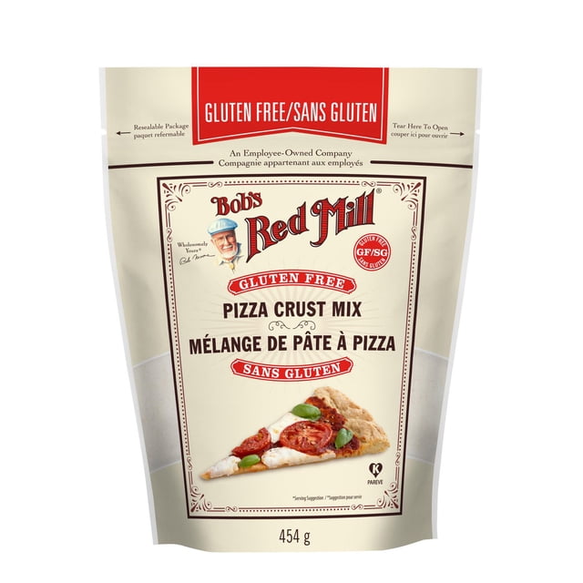 BOB'S RED MILL GF Croûte à PIZZA MIX Croûte à PIZZA Sans gluten MIX dans un Sac beige Refermable avec Texte Bilingue Anglais et Français, Présentant une Tranche de PIZZA avec Tomate, Basilic et Fromage, Pesant 454 Grammes, Idéal pour Cuire Deux Croûtes de PIZZA Sans gluten de 12 Pouces