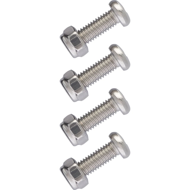 Cruiser Accessories Attaches, Acier Inoxydable, Quatre Vis Crantées Métriques #2 avec Écrous Hexagonaux Auto-Bloquants, Chacune 6 mm x 18 mm (0,23 Pouces x 0,708 Pouces), Disposées Verticalement sur Fond Blanc, Antirouille et Adaptées pour Fixer des Plaques d'Immatriculation et des Cadres sur les Véhicules d'Importation.