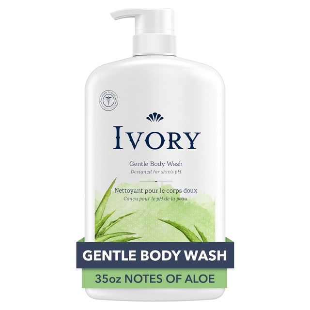 Ivory Gentle Body Wash 35oz in a white pump bottle with aloe leaf graphics, designed for skin's pH, dermatologist tested, free of dyes and heavy perfumes, providing a mild, creamy lather suitable for family bath and shower care.