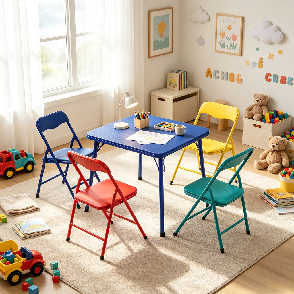 Homy Casa 5-Piece Preschool Activity Table Set, Foldable 24-Inch Kids Table with 4 Colourful Steel Frame Chairs
