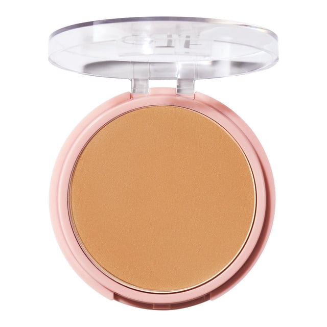 e.l.f. Cosmetics Halo Glow Powder Filter setting powder in a round pink compact with a clear lid, featuring a warm beige pressed powder that blurs pores, reduces shine, and is crease-resistant for a long-lasting soft-focus glow.