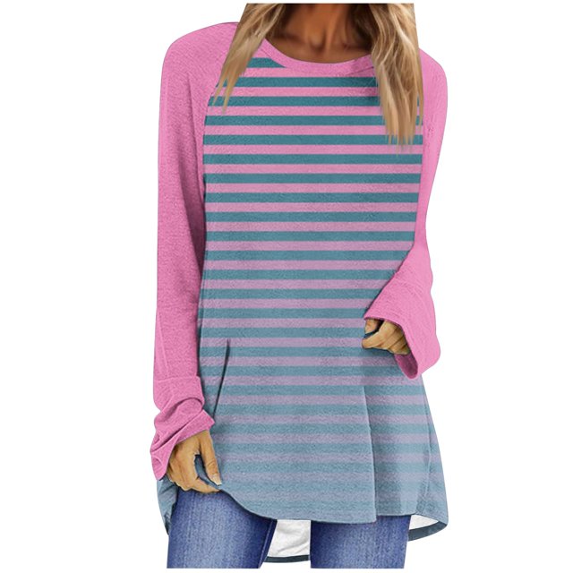 Blouses à Manches Tunique Hauts pour Femmes Tendance Col Rond Raglan Manches Longues Chandail Automne Mode Décontractée Rayée Ample Blouses Surdimensionnées S-106 Rose-A TTG