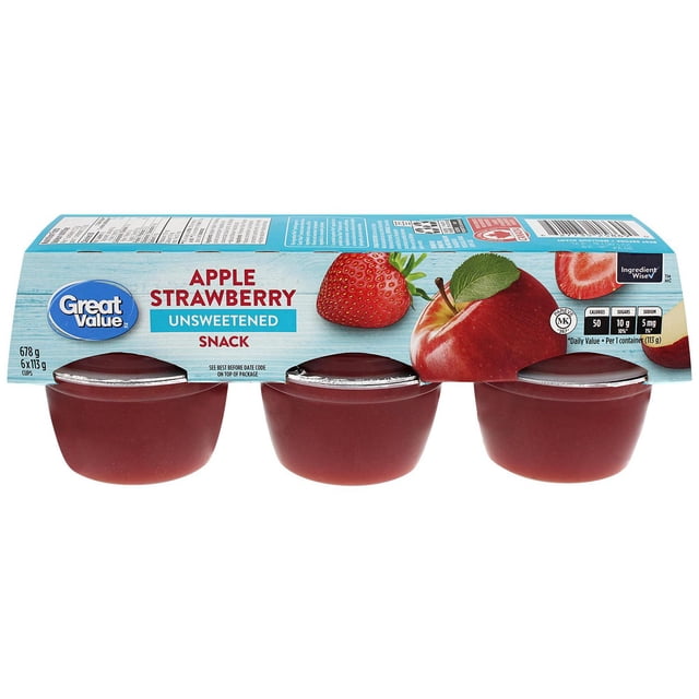 Great Value Pomme Fraise Collation Non Sucrée Centrée à l'Avant Photo de six Tasses Transparentes Pré-Portionnées dans un Plateau en Carton Montrant des Tasses de Fruits Pomme‐fraise Rose Pâle avec des Morceaux de Fruits Visibles; Tasse recyclable et Emballage en Papier, Convient pour le Dîner Scolaire Ou les Collations Prêtes pour le Voyage.