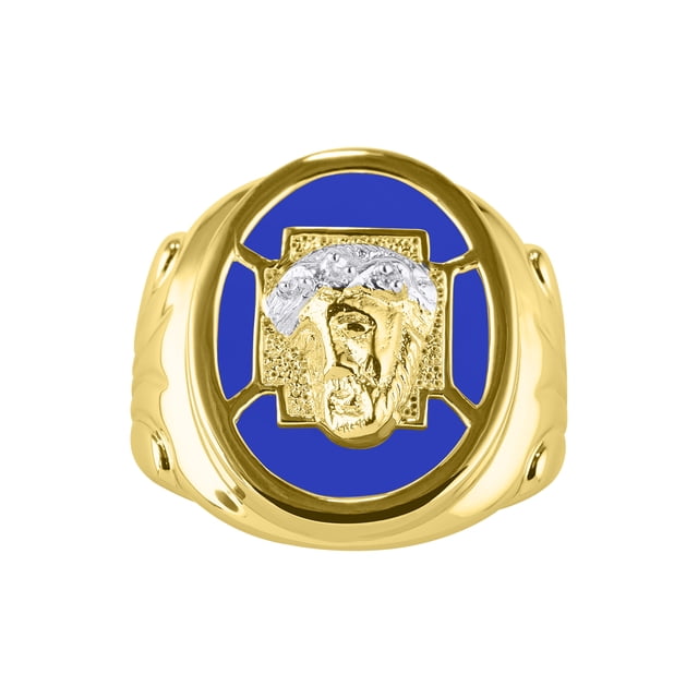 RYLOS Men's Rings Yellow Gold Plated Silver Christ Head Religious Ring With Diamonds and Blue Quartz Designer Men's Jewelry Size 10