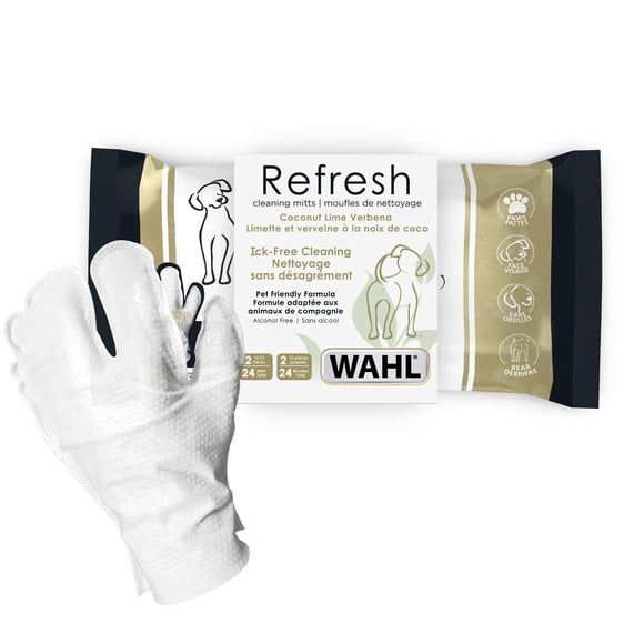 Wahl Mitt Wipes - 24-Count 3-Finger Dog Wipes with Oatmeal, Aloe & Shea - Coconut Lime Scent - Model 58553
