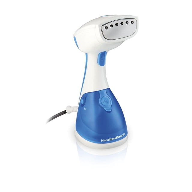 Hamilton Beach handheld garment steamer in blue and white with water tank and steam vents