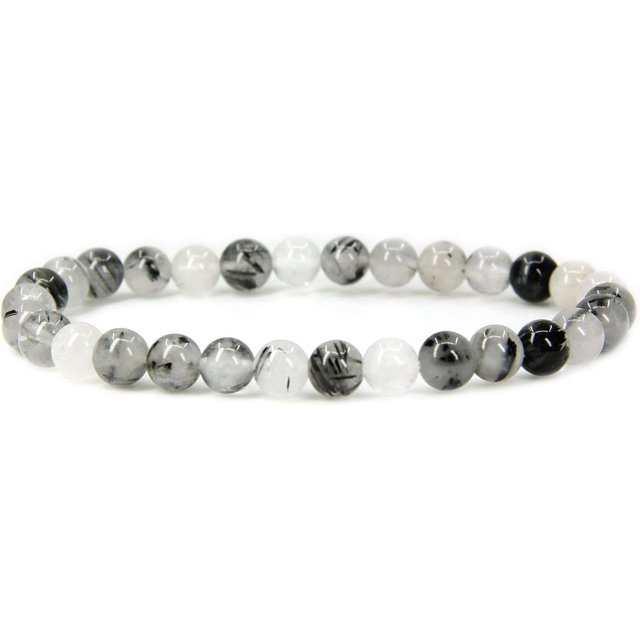 Bracelet Extensible en Perles Rondes de 6 mm en Quartz Rutilé Noir Naturel, Longueur d'Environ 7 Pouces, Convient aux Hommes et aux Femmes. le Bracelet Présente des Perles Rondes Polies avec des Motifs Rutilés Noirs Uniques, Mettant en Valeur la variation Naturelle des Pierres de Quartz. Fait à la Main, Sans Métal, Idéal pour les Peaux Sensibles, et Comprend une Pochette Angelstones.