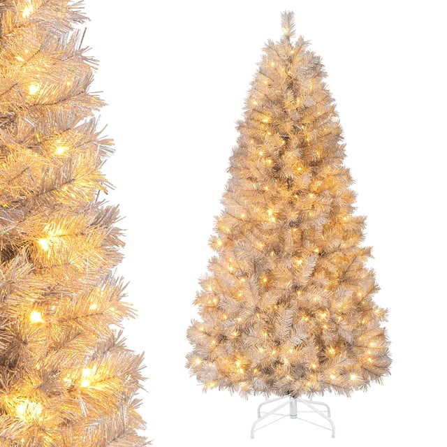Gymax 6 FT Pre-Lit Artificial Christmas Tree with silver tinsel leaves and 230 warm white LED lights, ideal for Christmas decorations. The hinged design ensures quick setup, while the sturdy crossed metal base provides stability. Measuring 6 feet tall and 3.1 feet wide, it features 553 branch tips for a lush, full appearance.