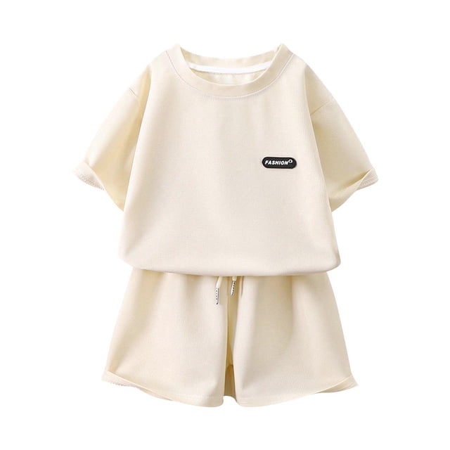 Économies d'Été! HVOBTTY Ensemble Décontracté 2 Pcs à Manches Courtes pour Filles, Ensemble d'Été pour Fille Col Rond Manches Courtes Shorts Ample Décontracté Ensemble 2 Pcs Beige, 4 Ans