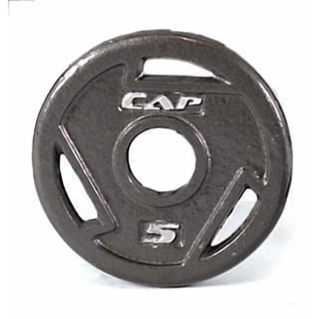 CAP Barbell 2-Inch Olympic Cast Iron Grip Weight Plate, Single, 5 lb, black semi-gloss cast iron plate with three oversized grip holes and a 2-inch center hole, silver-painted CAP logo and weight markings, fits 2-inch Olympic bars and Smith machines, often used for safe handling and loading during strength training.