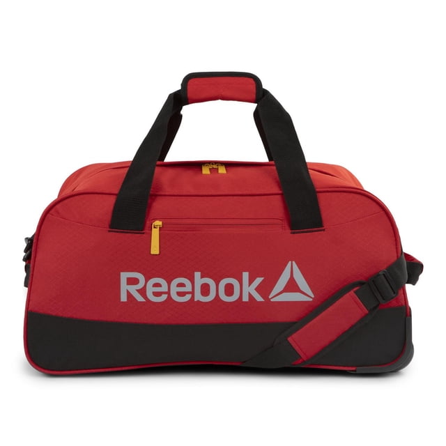 Reebok trolley duffle bag on wheels in red and black with large front logo, yellow zipper pulls, padded handles with wrap, detachable adjustable shoulder strap with non-slip pad, telescoping handle, and durable 420-denier diamond ripstop polyester fabric, suitable for gym, travel, and weekend use.