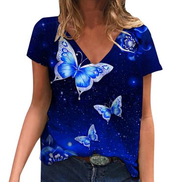 LUOGENLI Chemises Femme Été T-shirts Femme Manches Courtes Grande Taille Hauts Col en V Décontracté Entraînement T-shirts Amples Tunique Florale T-shirts Basiques Henley Hauts 4TG T-shirts Femme T-shirts Graphiques Vêtements d'Été Bleu Foncé L