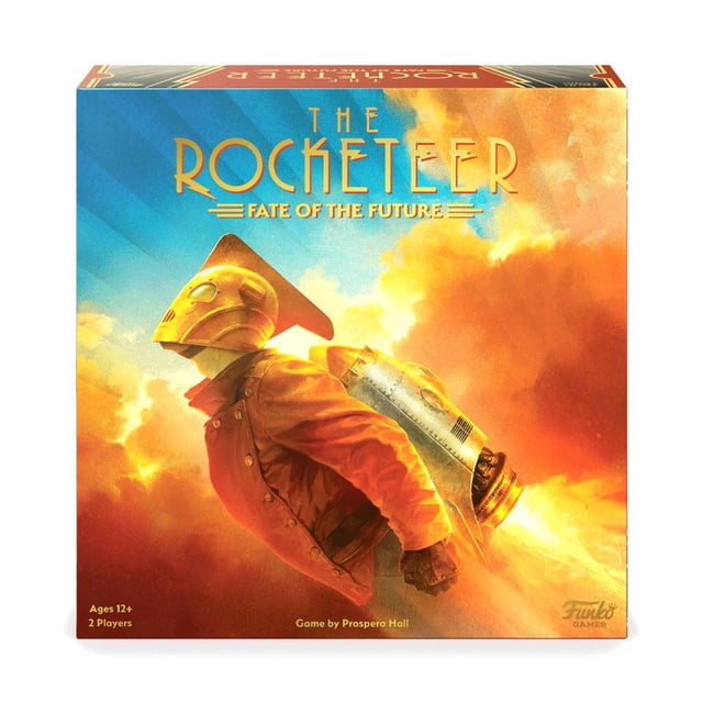 FUNKO DISNEY THE ROCKETEER: le Destin du Futur Boîte de Jeu de Société Mettant en Vedette THE ROCKETEER avec un Casque Doré et une Veste Rouge Volant avec un jet-pack Argent Émettant des Flammes contre un Ciel vibrant, Conçue pour 2 Joueurs de 12 Ans et Plus, Convient aux fans de Jeux Classiques Stratégiques.