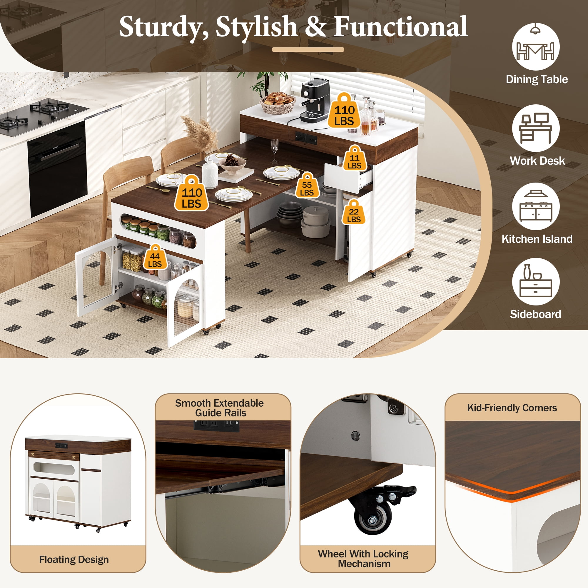 Table de salle à manger extensible Noble House TREXM avec plateau rabattable extra-long, îlot de cuisine roulant avec tiroirs (Noyer + Blanc crème)