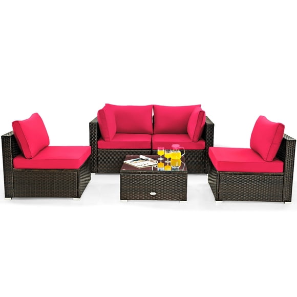Patiojoy 5PCS Rattan Patio Furniture Set Cushioned Sofa Chair Coffee Table Set Easy Assemble Red