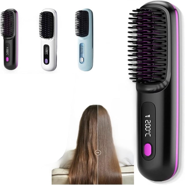 JUNWELL Numoya Portable Straightener Brush - Fast Heating Cordless Mini Hair Straightener Brush 3 Temp-Settings,Straightener Rechargeable & Cordless Mini Hair Straightener Comb (Black