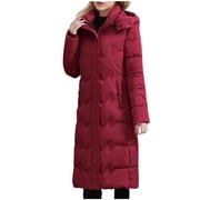 UPPADA Women's Winter Quilted Puffer Jackets Long Warm Coat Fashion Zip Up Outwear with Removable Faux Fur Hood and Zipper,Womens Plus Size Coats Wine,XXXL