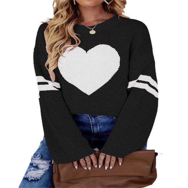 Pull pour Femmes Manches Longues Col Tricoté Cœur Ample Fête de Rue Chemise Décontractée Rose TG