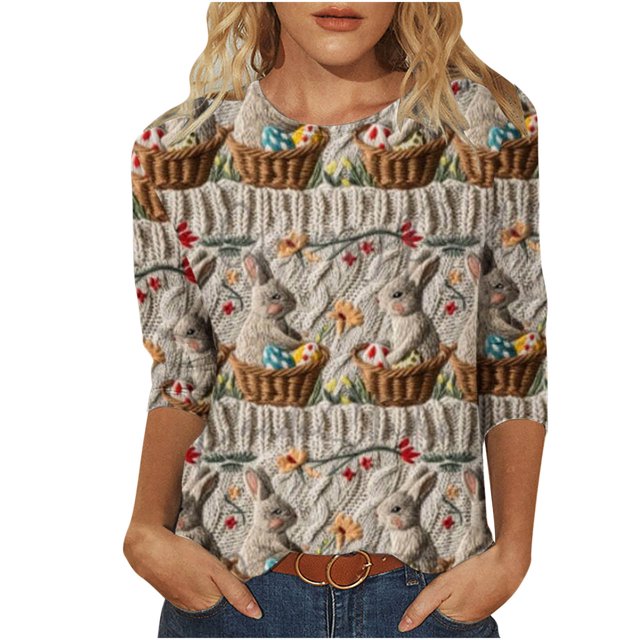 RKSTN Hauts pour Femmes Mode Décontractée Mignon Lapin de Pâques Imprimé Manches 3/4 Col Rond Hauts Printemps Été Imprimé 3D Chandail Froncé Blouse Hauts