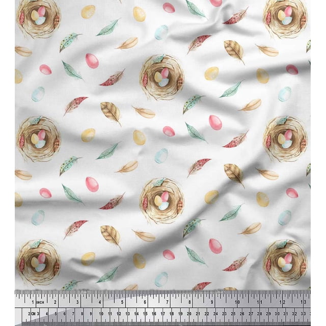 Soimoi White polyester Crepe Fabric Nest & Feather Print Sewing Fabric Yard 52 Inch Wide