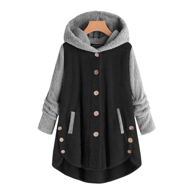 LSLJS Women's Winter Plush Solid Color Hooded Sweatshirts Button Long Sleeve Split Round Neck Comfortable Pajamas Coat