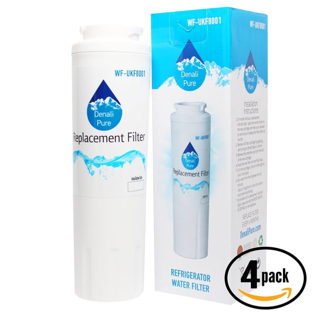 4-Pack Replacement Kenmore 469006 Refrigerator Water Filter by Denali Pure, compatible with Kenmore 469006 fridge water filter cartridges. Features a white cylindrical filter with blue branding and water imagery, alongside packaging with installation instructions and a '4-pack' label.