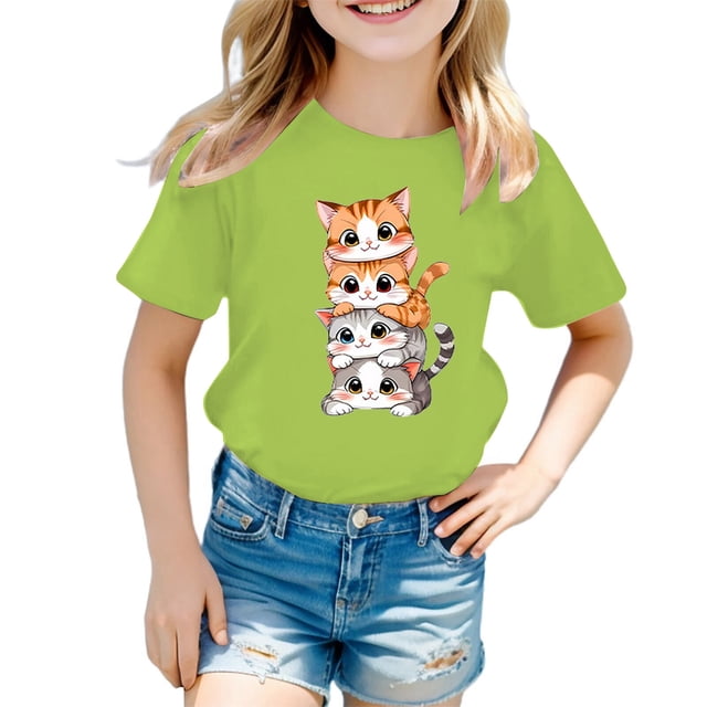 LUOGENLI T-Shirt pour Filles Enfant Filles Mignon Graphique Col Rond Manches Courtes Tee Été Décontracté T-Shirt Maxi Hauts Ensembles Filles Tenue 2 Pcs Décontractée Vert Clair 8-9 Ans