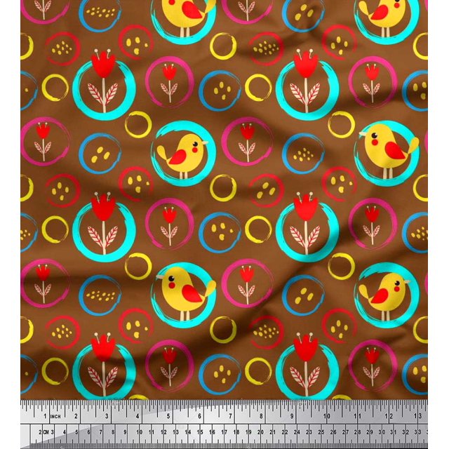 Soimoi Poly Georgette Fabric Floral,Circle & Bird Artistic Print Fabric by Yard 42 Inch Wide