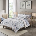 Madison Park Essentials Cozy Lit dans un sac Reversible Comforter avec ensemble de draps complet - Imprimé botanique moderne, couverture toute saison, shams, Oreiller décoratif, Reine(90"x90"), Bleu 8 Pièce