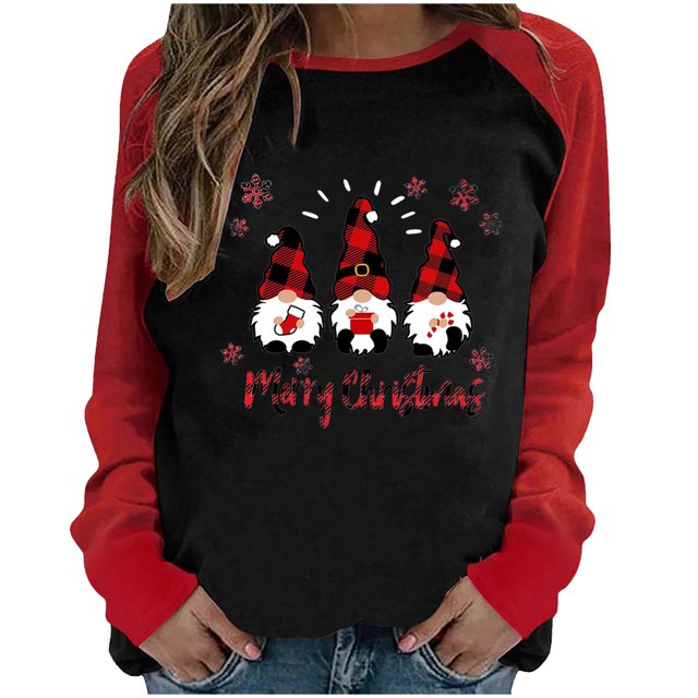 RKSTN Chandail pour Femmes de Noël à Col Rond, Chandail Imprimé du Père Noël, Manches Longues, Blouse Régulière à Empiècements