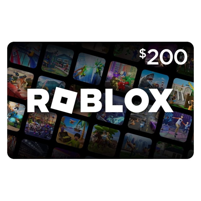 Roblox $200 Digital Gift Card showing a black background with multiple small thumbnails of Roblox game scenes and the large white Roblox logo centered, indicating virtual currency for Xbox One downloads and Xbox Live.