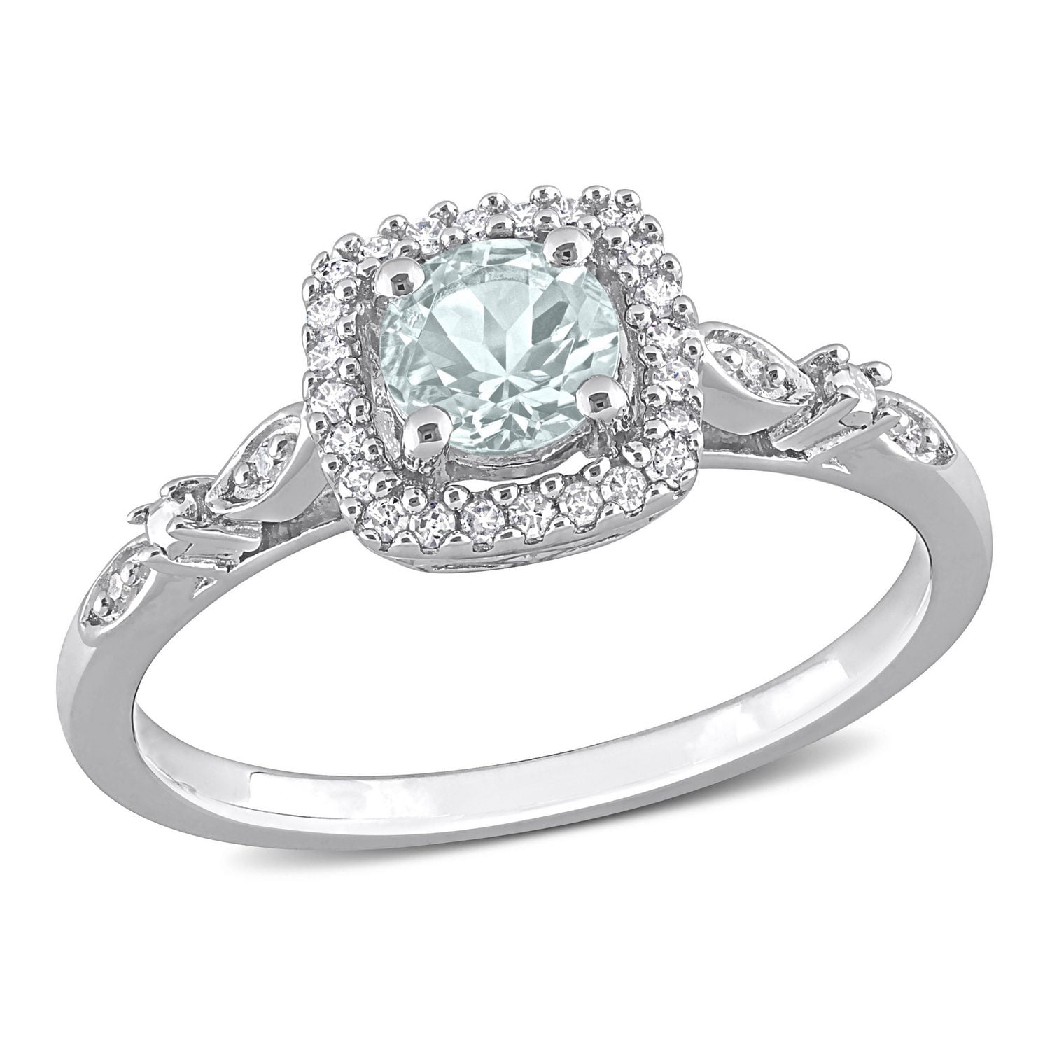 Bague de fiançailles auréole de Miabella avec 3/8 carat PBT de aigue-marine et 1/10 carat PT de diamant en argent sterling