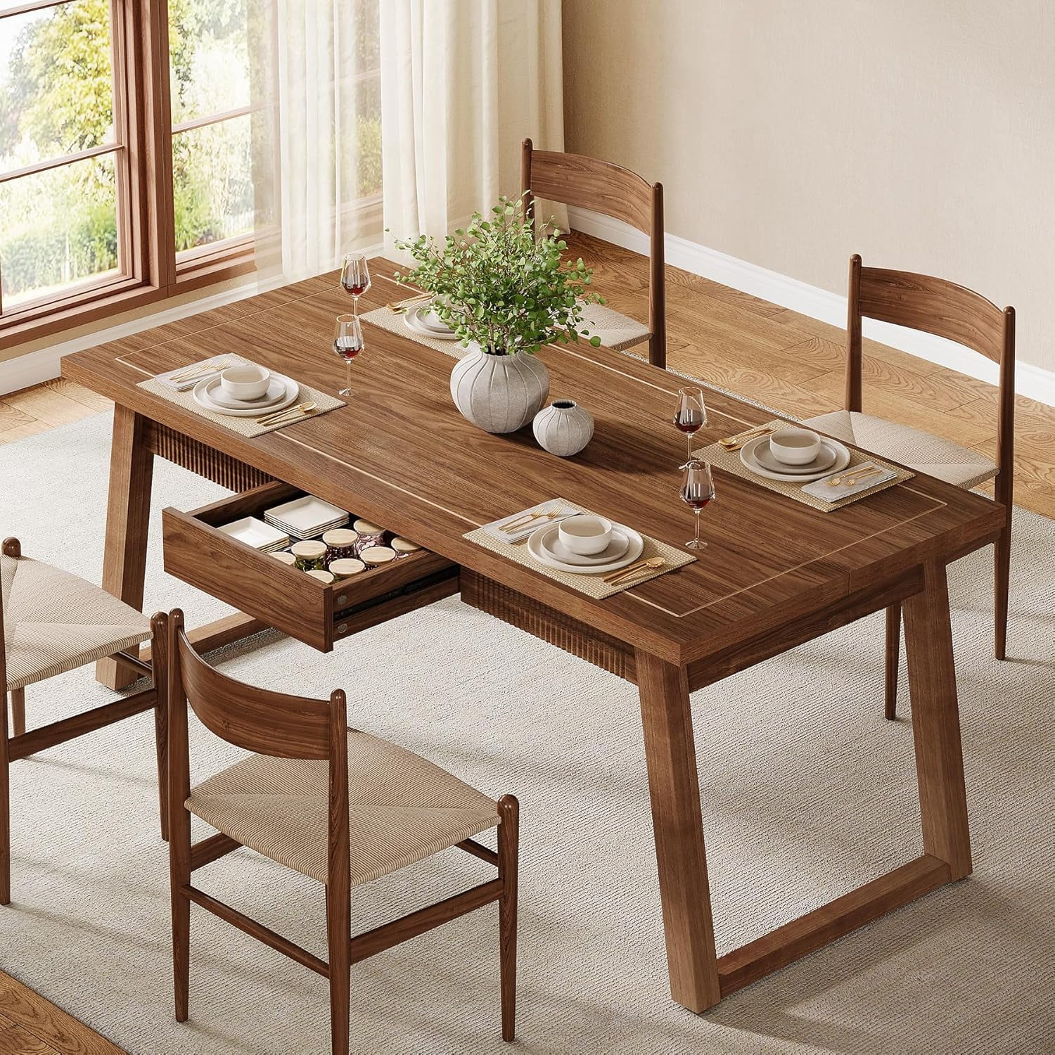 55'' Rectangular Dinner Kitchen Table, Mid-Century Modern Dining Table with Storage Drawer for 4-6 People